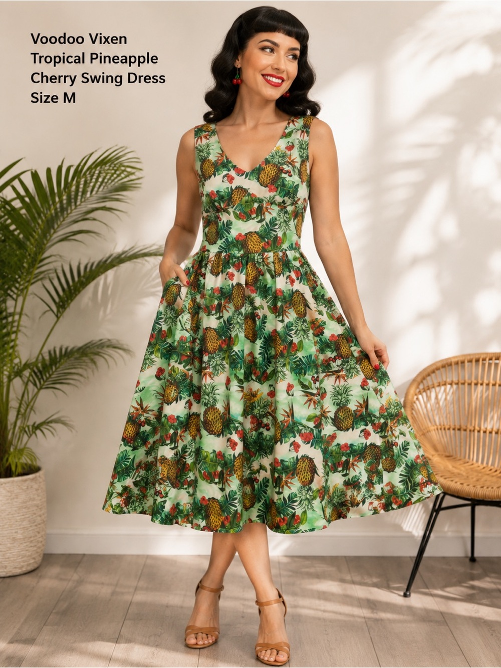 NWT Voodoo Vixen Tropical Pineapple Cherry Swing Dress - Size M